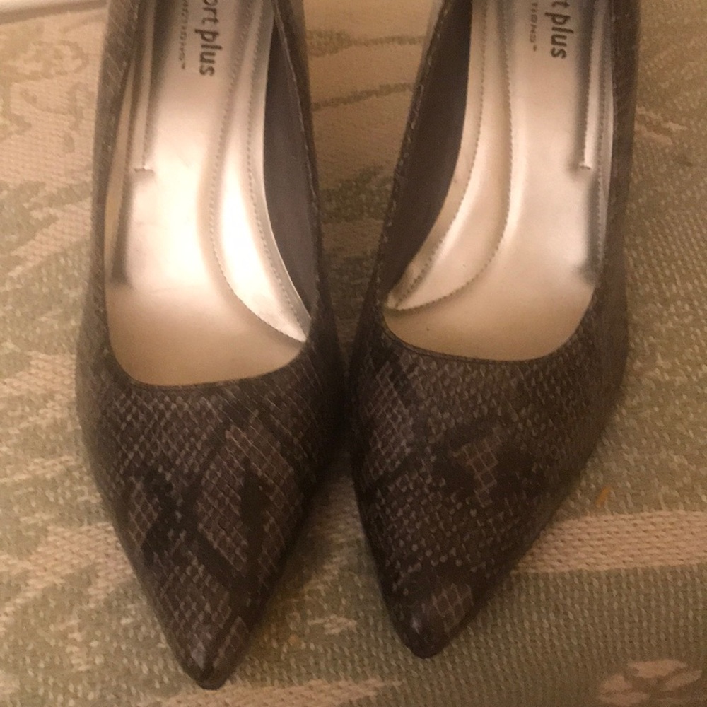 Black and grey snake skin heels